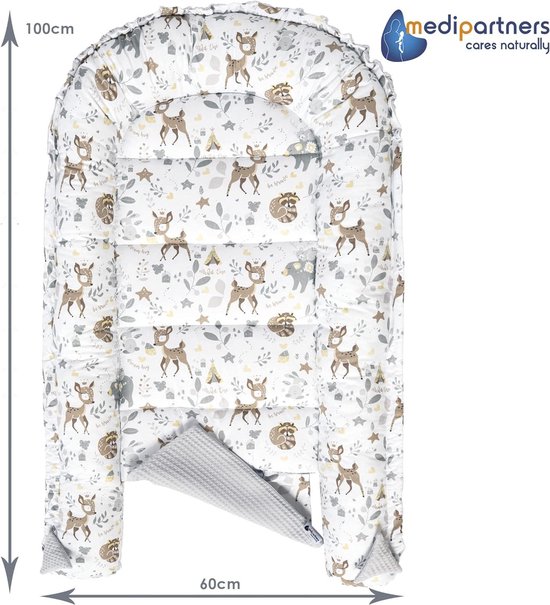 Medi Partners Babynest Knuffelnest 100% Katoen Nest Reis Bed voor baby's 100x60x15cm Uitneembaar inzetstuk (Mint Zoo met beige Minky