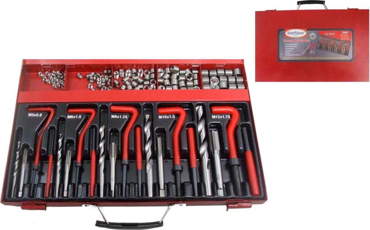 StahlKaiser Schroefdraad Reparatieset - 131-delig - Voor M5 t/m M12 - Inclusief HSS Boor en Tap
