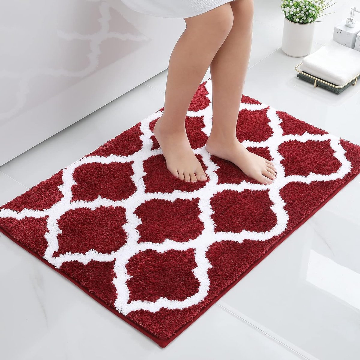 Antislip badmat, badkamertapijt, wasbaar, hoogpolig, badtapijt, pluizige microvezel, 60x90 cm, wijnrood