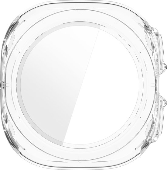 Transparante hardcase hoesje voor een smartwatch, rond ontwerp met knoppen aan de zijkant.
