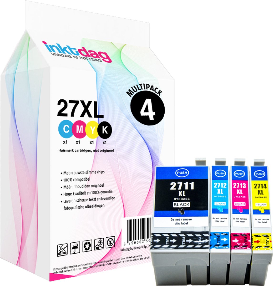 Inktdag inktcartridges voor Epson 27XL, multipack van 4 kleuren (1*BK, C, M en Y) voor Epson Workforce WF3620WF, WF3620DWF, WF3640DTWF, WF7110DTW, WF7210DTW, WF7610DWF, WF7615DWF, WF7620DTWF, WF7710DWF, WF7715DWF, WF7720DTWF