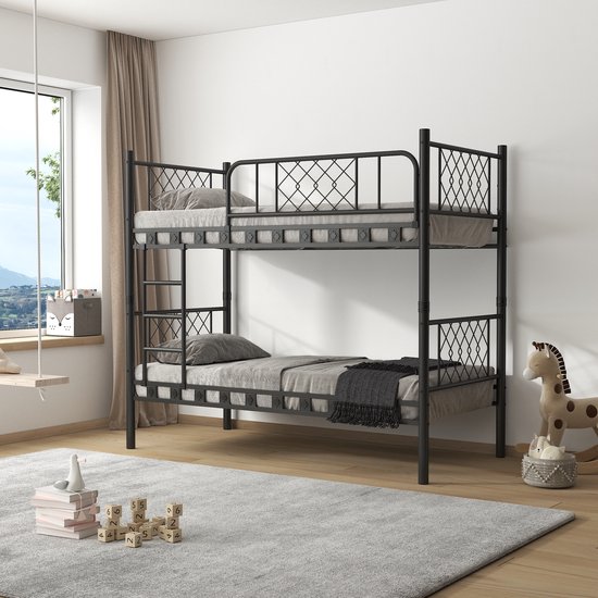 Lit superposé en métal robuste AirSleeperz® Levi - Lit enfant lit mezzanine pour 2 personnes - Couleur : noir - Dimensions 90x200x175 cm