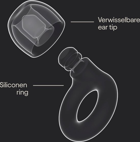 Gedetailleerde weergave van een verwisselbaar oordopje met siliconenring.
