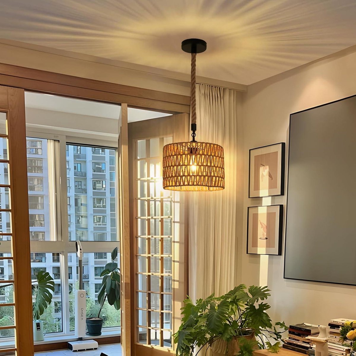 Schindora Retro rotan lampenkap, 80 cm, handgeweven hanger hoed verlichting plafond creativiteit bohemien voor restaurant theehuis slaapkamer woonkamer café E27