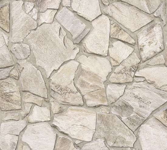 Motif détaillé de papier peint imitation pierre naturelle dans des tons beige, gris et brun.