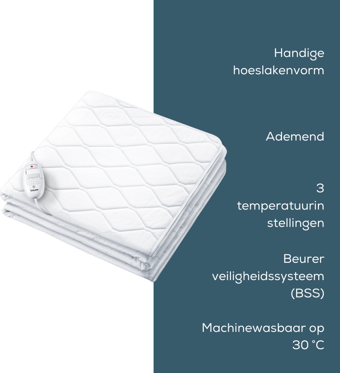 Afbeelding 2 van Beurer UB 64 Elektrische deken - Onderdeken - Hoeslaken-vorm - 198 x 92 cm - 3 Warmtestanden - Automatische uitschakeling - Katoen/fleece - Machinewasbaar - 5 Jaar garantie - Wit