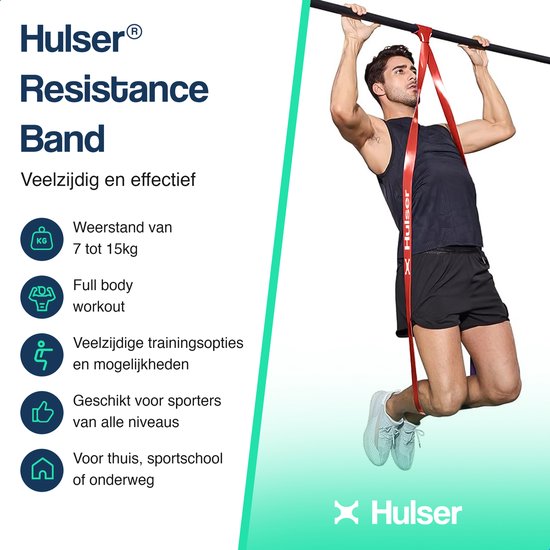 Man die pull-ups doet met een rode Hulser weerstandsband, met tekst over veelzijdigheid en effectiviteit, weerstand van 7 tot 15 kg.