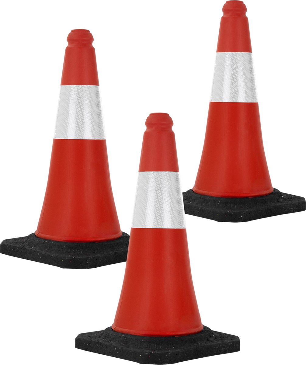 Set van 3 verkeerskegels verkeerskegel pylon reflecterend verzwaard 51cm rood/wit met zware voet