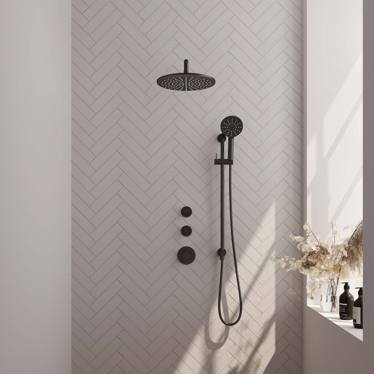 Thermostatische inbouw regendouche set 22 - 30 cm douchekop - gebogen muurarm - 3-standen handdouche - doucheslang - geïntegreerde glijstang - mat zwart