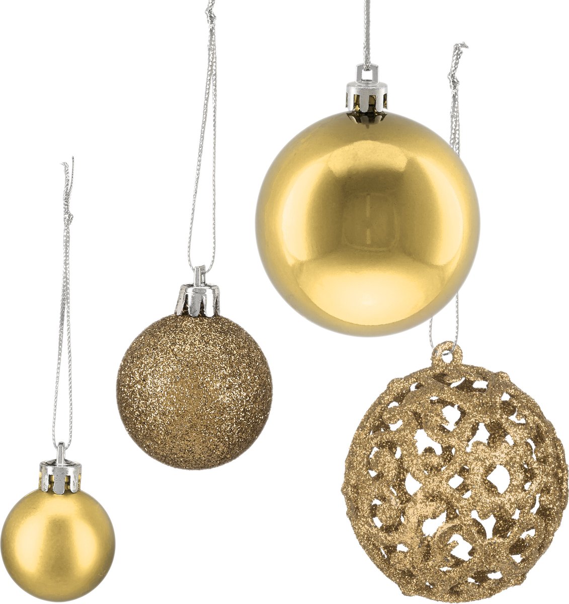 kerstballen - set van 150 - mat - glanzend - glitters - plastic - ∅ 3, 4, 6 cm - goud – foto 7