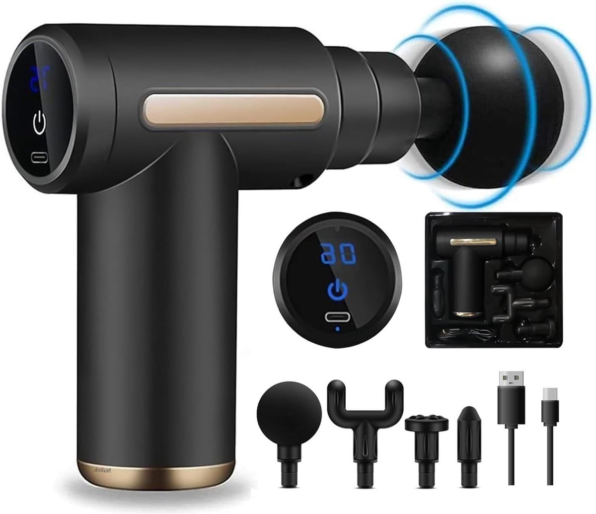 Massage gun Mini-Massagepistool voor spieren met LCD-display en 4 massagekoppen - Verlicht pijn en stijfheid met 6 instelbare niveaus massage gun