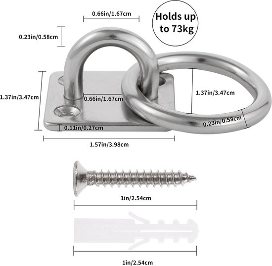 Muuranker voor Hangmat en Bokszak - RVS 304 Oogplaat met Ring M6 Oogplaten(40x35mm) - Duurzame Bevestigingshaken - Max. 70kg - Schroef inbegrepen muuranker — afbeelding 4