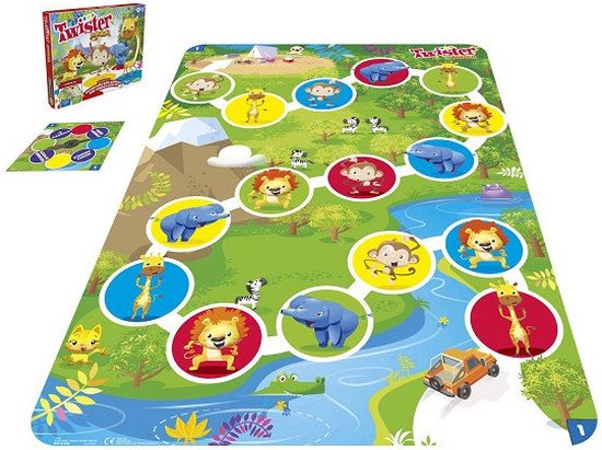 Twister Junior bordspel met dierenafbeeldingen, rivier en een auto.