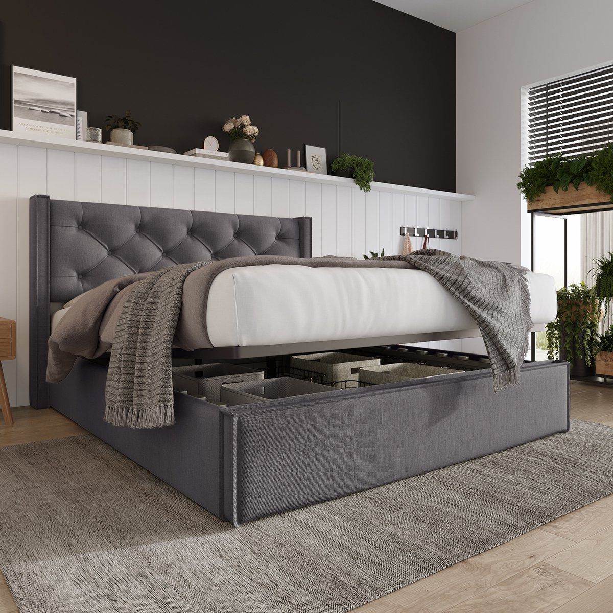 KOMHTOM Tweepersoons Bed 140x200 cm met grijze opbergruimte Commodebed Metalen lattenbodem