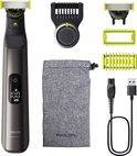 Philips OneBlade Pro 360 set met scheerapparaat, opzetkam, mesjes, opbergzakje en USB-oplader. Donkergrijs met gele accenten.