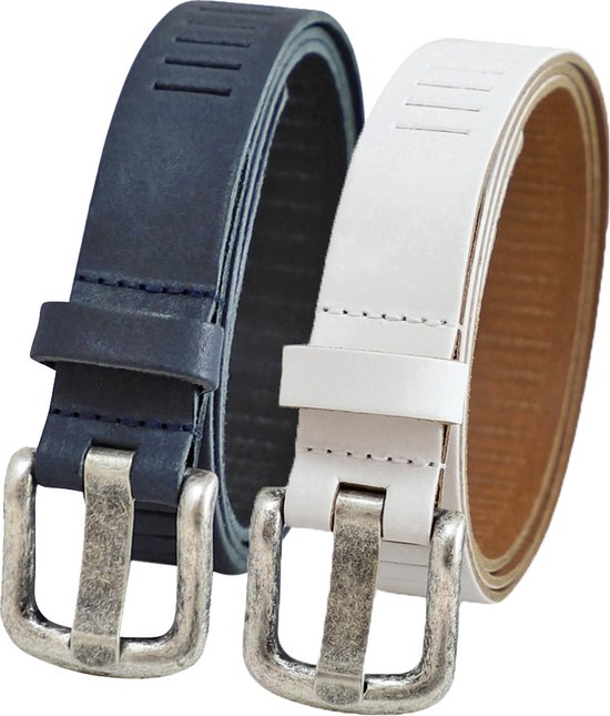 Landley Duopack avec Ceintures perforées en cuir étroites - Ensemble économique avec 2 ceintures - Largeur 3 cm - Femme et Homme - Blauw et Wit - Longueur totale 100 cm / Taille de ceinture 85