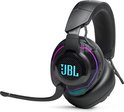 Zwarte JBL Quantum gaming headset met blauwe en paarse LED-verlichting op de oorschelpen.