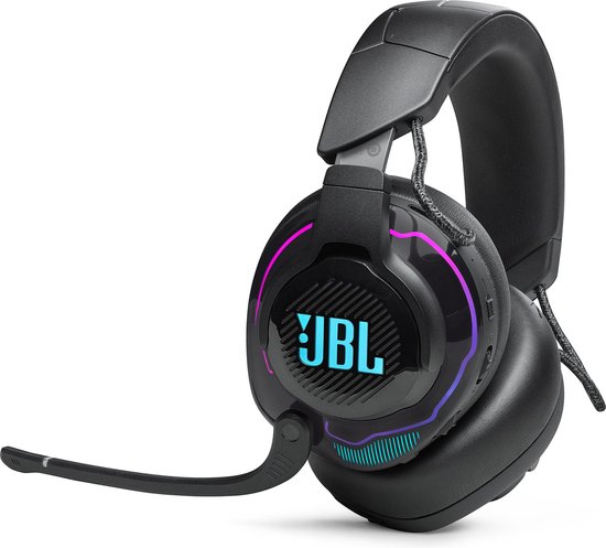 Zwarte JBL Quantum gaming headset met blauwe en paarse LED-verlichting op de oorschelpen.