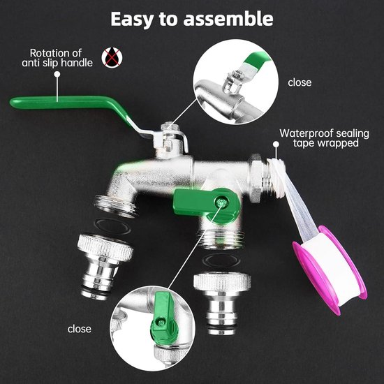 Dubbele waterkraan, 1/2 inch, tuinkraan van hoogwaardig messing, roest- en vorstbescherming met slangverbindingen, afdichtband, dubbele aansluiting en slangtule