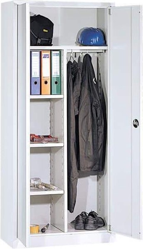 Grijze werkplaatskast met open deuren, gevuld met ordners, kleding, helm en gereedschap.