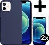 Hoesje Geschikt voor iPhone 12 Hoesje Siliconen Case Hoes Met 2x Screenprotector - Hoes Geschikt voor iPhone 12 Hoes Cover Case - Donkerblauw