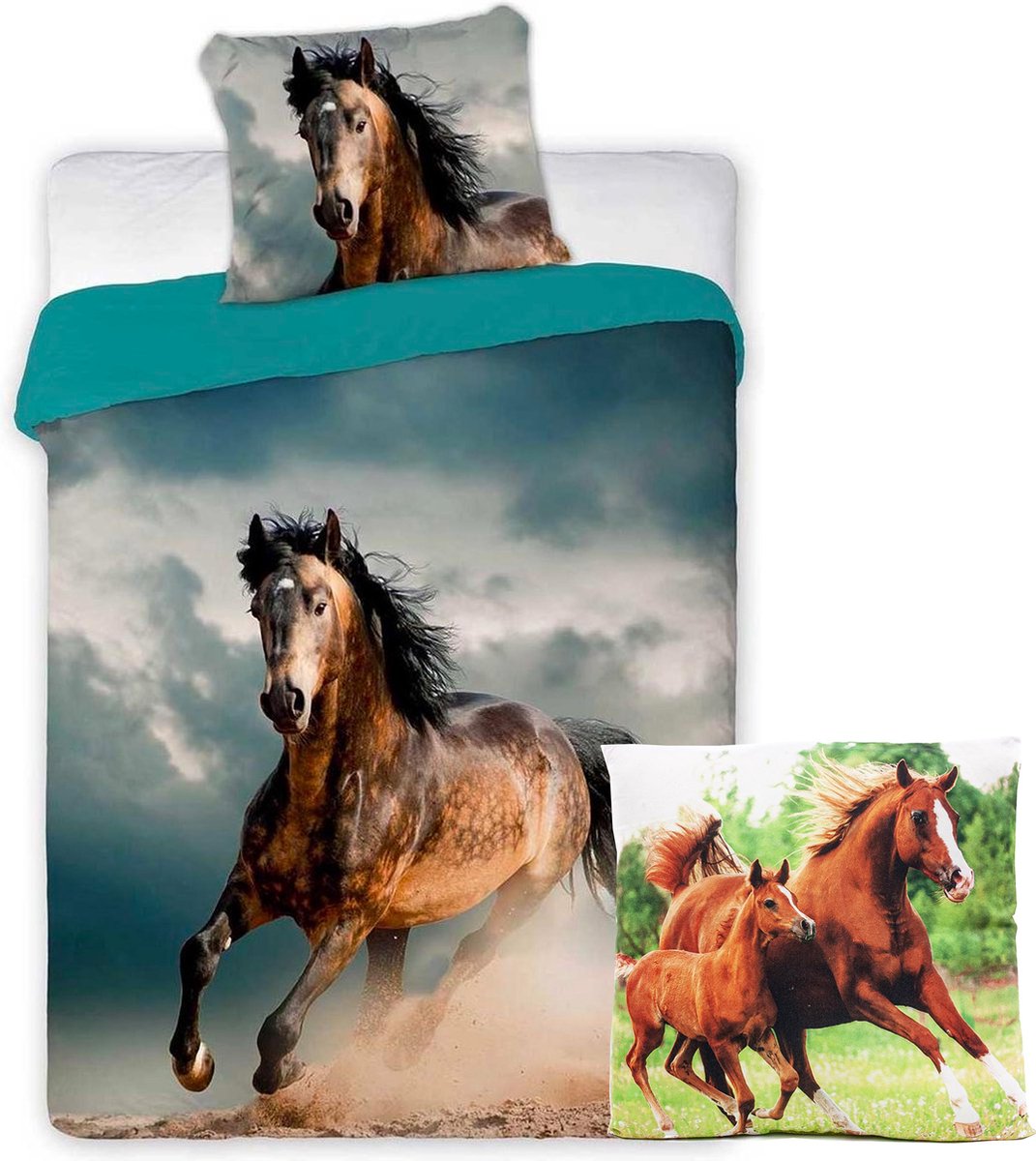 Paarden dekbedovertrek set 140 x 200 cm, incl. paarden decoratie kussen 40 cm, kinderen slaapkamer eenpersoons dekbedovertrek