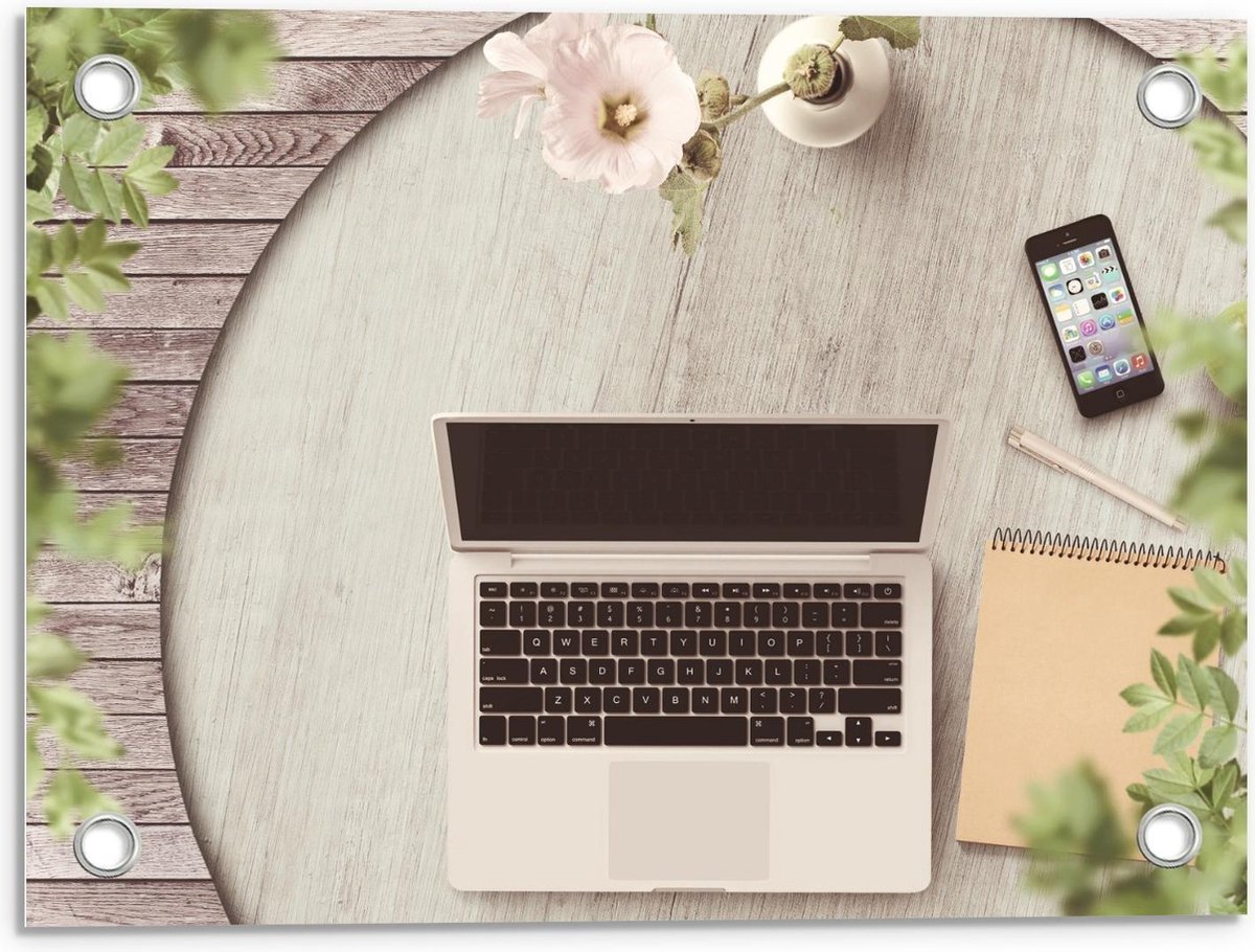 Tuinposter – Laptop op Tuintafel - 40x30cm Foto op Tuinposter (wanddecoratie voor buiten e
