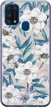 Samsung M31 hoesje siliconen - Bloemen / Floral blauw | Samsung Galaxy M31 case | blauw | TPU backcover transparant