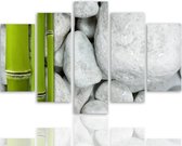 Schilderij , Witte stenen met Bamboe, groen wit ,4 maten , 5 luik , wanddecoratie , Premium print , XXL