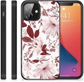 GSM Hoesje iPhone 12 Mini Silicone Back Case met Zwarte rand Watercolor Flowers