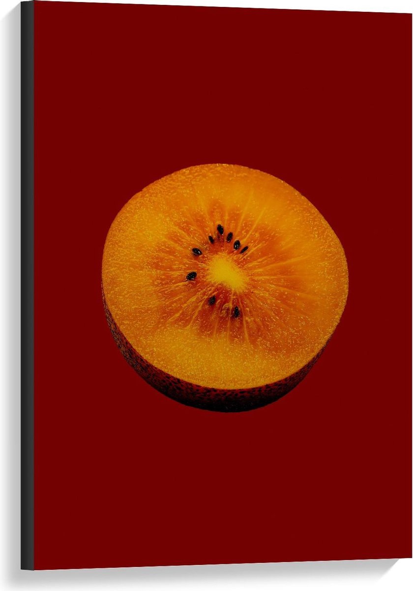 Canvas - Gele Kiwi op Rode Achtergrond - 60x90cm Foto op Canvas Schilderij (Wanddecoratie op Canvas)
