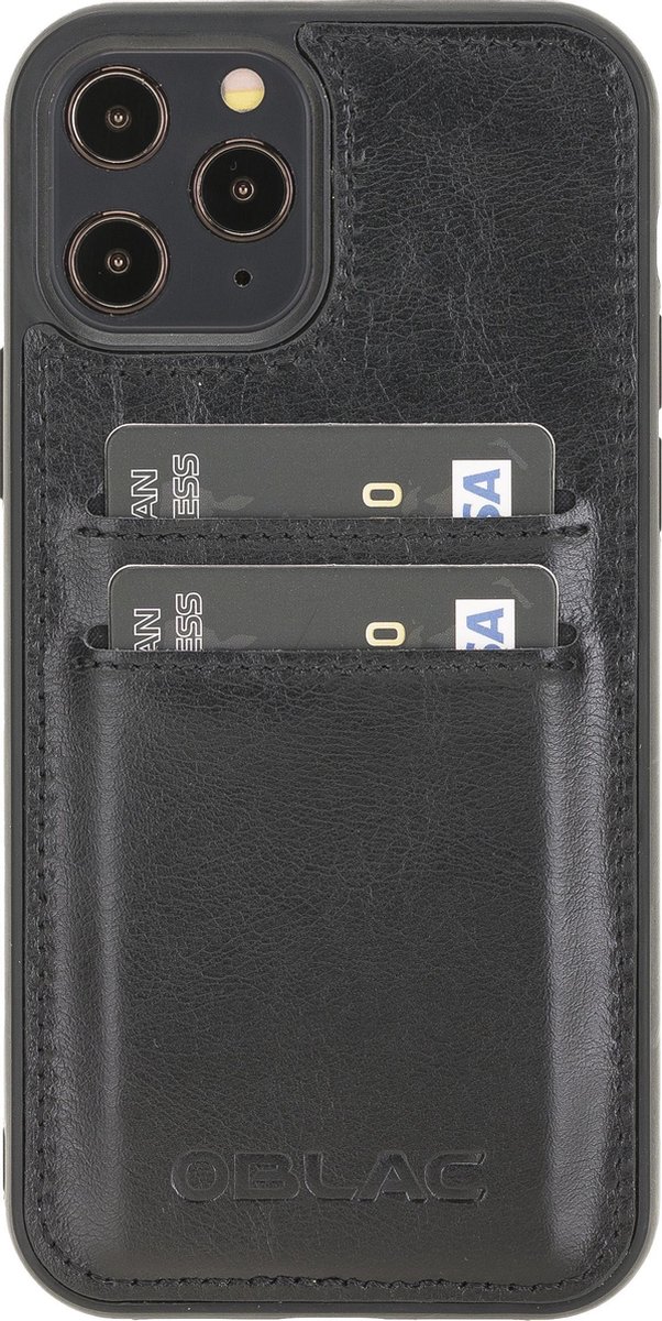 Hoesje iPhone 12 / 12 Pro 6.1'' Oblac® - Full-grain leer - Back Cover - 2 kaartvakken - Rustiek Zwart