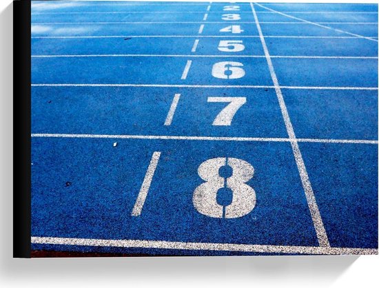 Canvas  - Blauwe Atletiekbaan met Cijfers  - 40x30cm Foto op Canvas Schilderij (Wanddecoratie op Canvas)