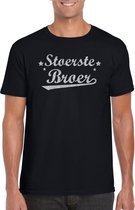 Stoerste broer cadeau t-shirt  met zilveren glitters op zwart heren - kado shirt voor broers L