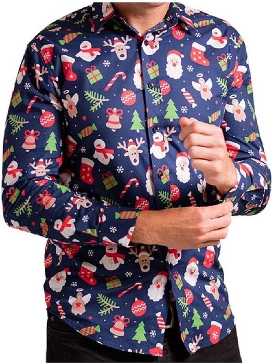 Wissen Maak los magnetron Heren kerst overhemd/blouse met kerstprint donkerblauw - Kerst  herenkleding... | bol.com