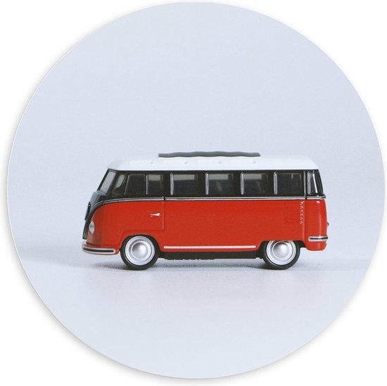 Forex Wandcirkel - Rood Hippie Busje met Witte Achtergrond - 100x100cm Foto op Wandcirkel (met ophangsysteem)