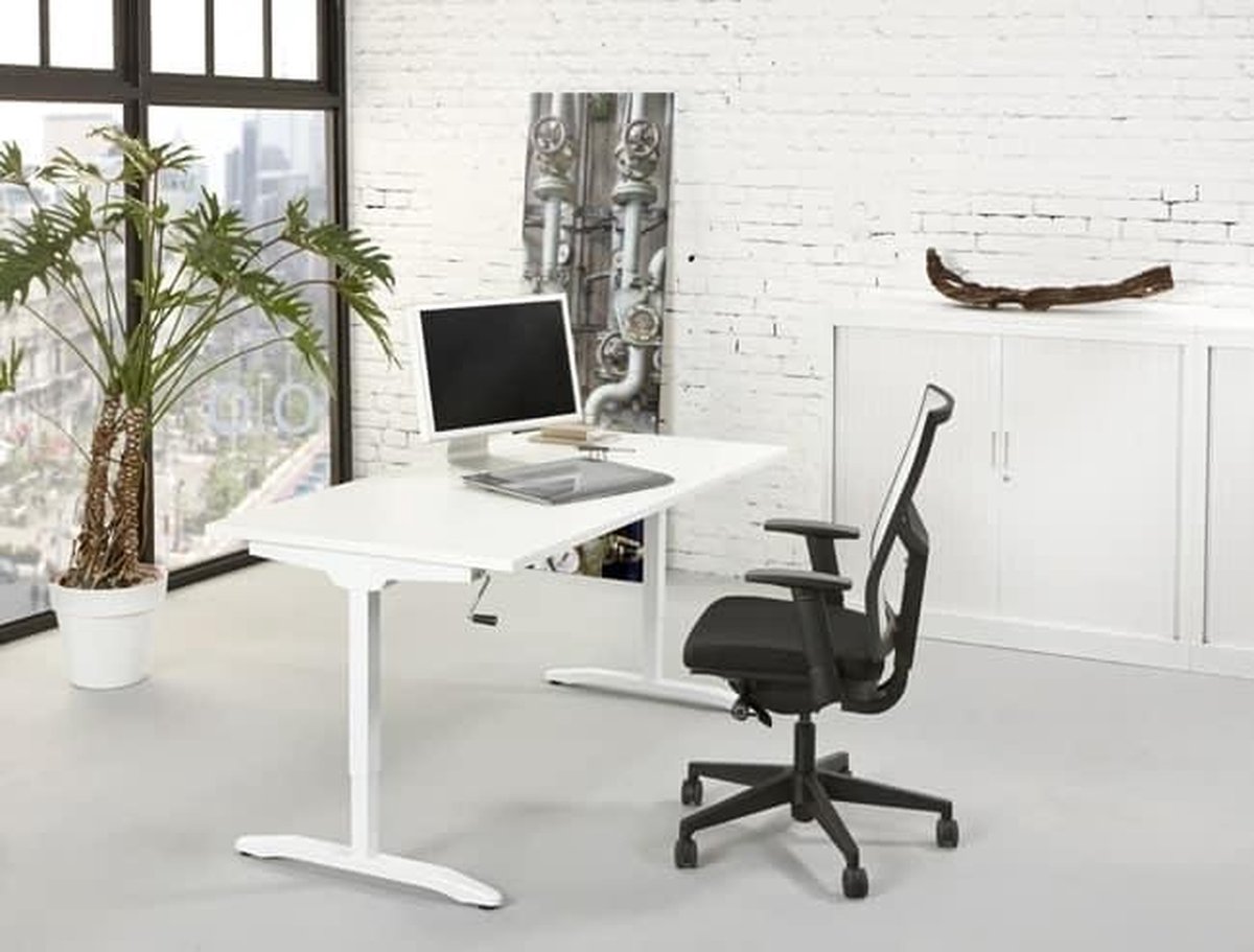 ABC Kantoormeubelen Slinger verstelbaar zit/zit bureau NLST breed 180CM diep 80 cm bladkleur Ahorn framekleur Wit (RAL9010) Wit (RAL9010)/Ahorn