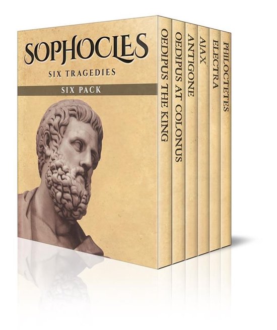 Coffret 'Sophocles Six Pack'. Les tranches des livres montrent des titres tels que 'Philoctète', 'Électre', 'Ajax', 'Antigone', 'Œdipe à Colone', 'Œdipe Roi'.