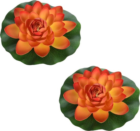 2x Oranje drijvende kunst waterlelie bloemen 18 cm - Tuinaccessoires - Vijverbenodigdheden - Vijverdecoratie - Nep/kunst bloemen/planten - Waterlelies