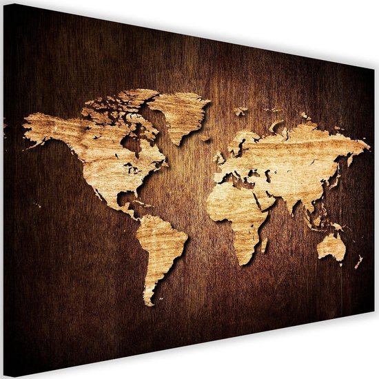 Schilderij Wereldkaart in hout kleur, 2 maten | bol.com