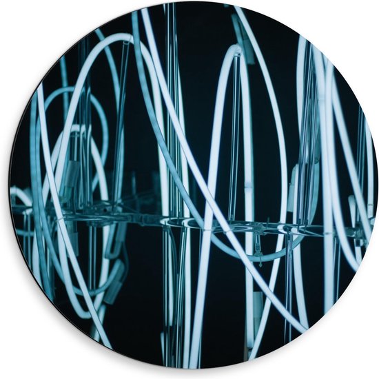 Dibond Wandcirkel - Blauwe Lichtgevende Draden - 50x50cm Foto op Aluminium Wandcirkel (met ophangsysteem)