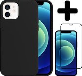 Hoes voor iPhone 12 Hoesje Siliconen Case Met Screenprotector Full Cover 3D Tempered Glass - Hoes voor iPhone 12 Case Siliconen Hoesje Cover - Hoes voor iPhone 12 Hoes Hoesje - Zwa