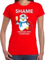 Pinguin Kerst shirt / Kerst t-shirt Shame penguins with champagne rood voor dames - Kerstkleding / Christmas outfit L