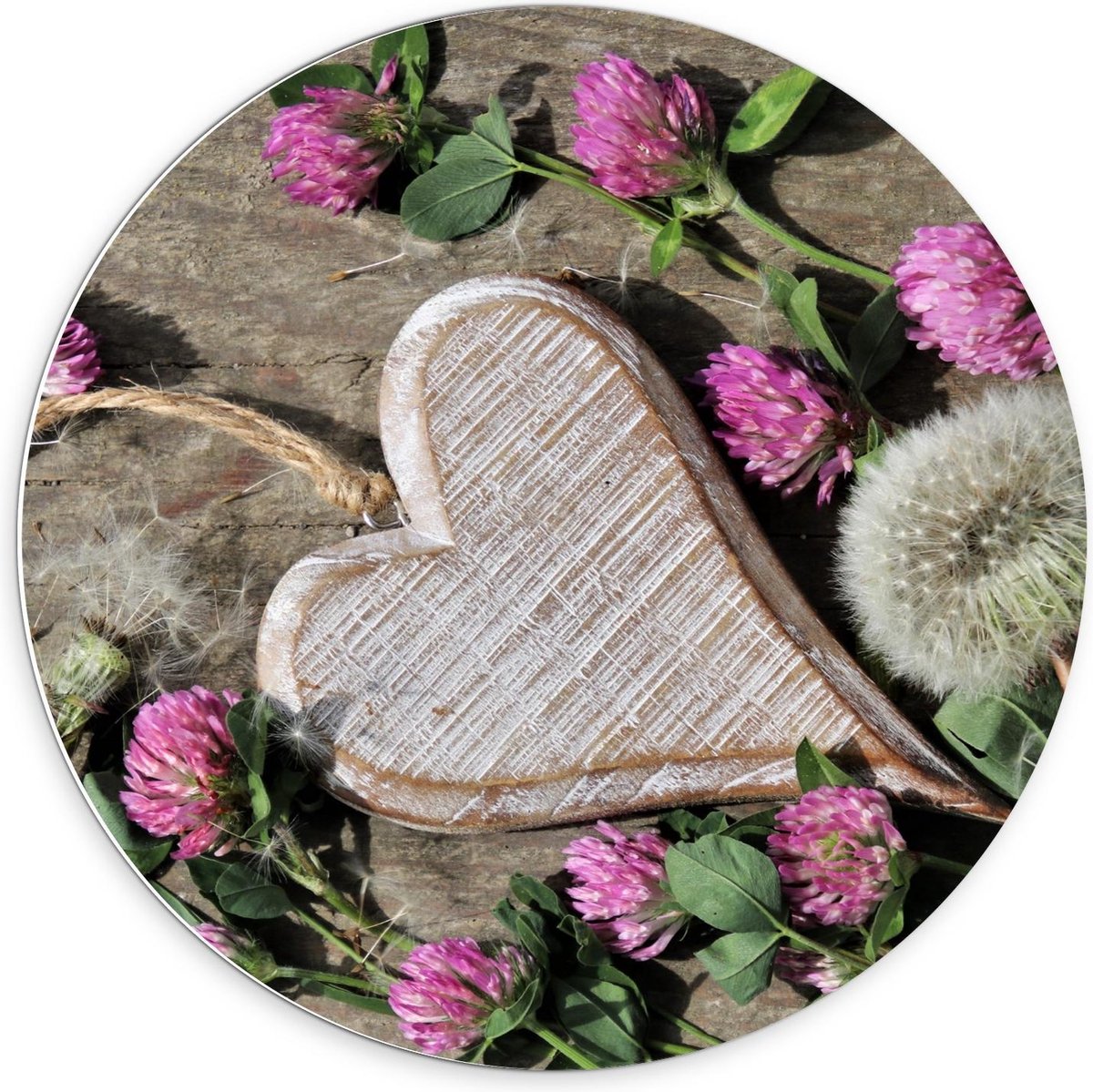 KuijsFotoprint Forex Wandcirkel - Houten Hartje met Bloemen - 70x70cm Foto op Wandcirkel (met ophangsysteem) Groen