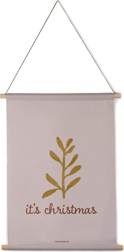 Villa Madelief Interieurbanner It's Christmas - Textielposter - 90x120cm - Wandkleed - Wandtapijt - Wanddecoratie voor thuis - Makkelijk op te hangen - Poster met houten hangers