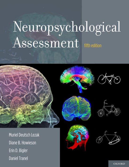 Boek 'Neuropsychological Assessment, fifth edition' met afbeeldingen van de hersenen en fietsen.