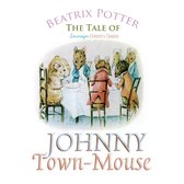 Illustratie van Beatrix Potter's The Tale of Johnny Town-Mouse met muizen in jassen die aan een gedekte tafel zitten.