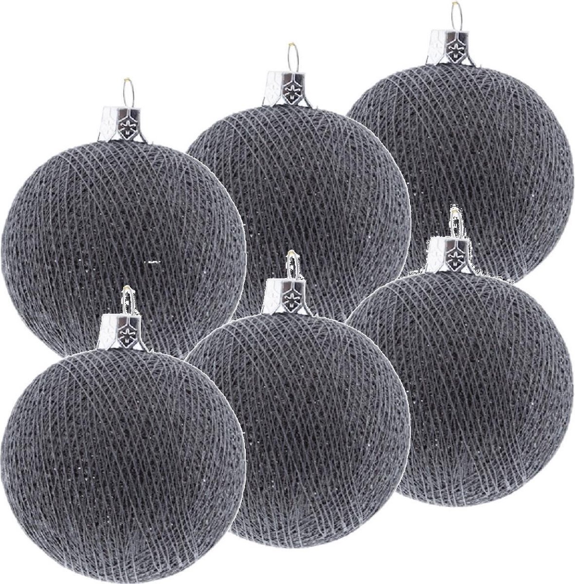 6x Grijze Cotton Balls kerstballen 6,5 cm - Kerstversiering - Kerstboomdecoratie - Kerstboomversiering - Hangdecoratie - Kerstballen in de kleur grijs