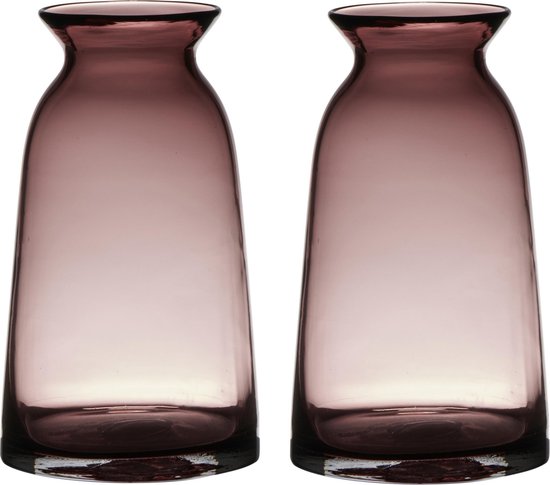 Set van 2x stuks transparante home-basics paars/roze vaas/vazen van glas 23.5 x 12.5 cm - Bloemen/takken/boeketten vaas