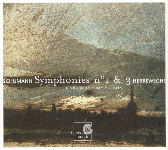 Albumhoes met abstracte aquarel van grijze en blauwe tinten, met tekst SCHUMANN Symphonies n°1 & 3 HERREWEGHE, ORCHESTRE DES CHAMPS-ELYSEES, harmonia mundi FRANCE.